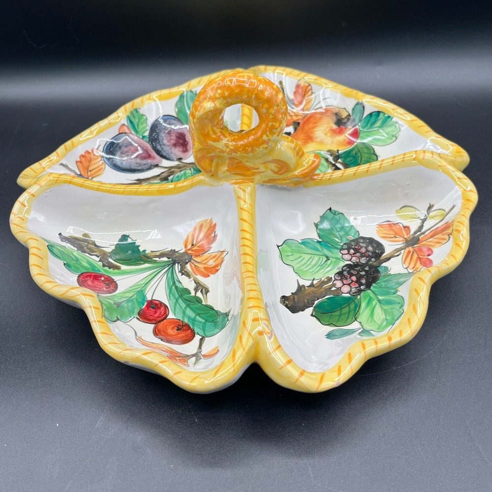 Italian Ceramic Divided Serving Tray Fruit Motif Hand Painted Relish Dish 11"